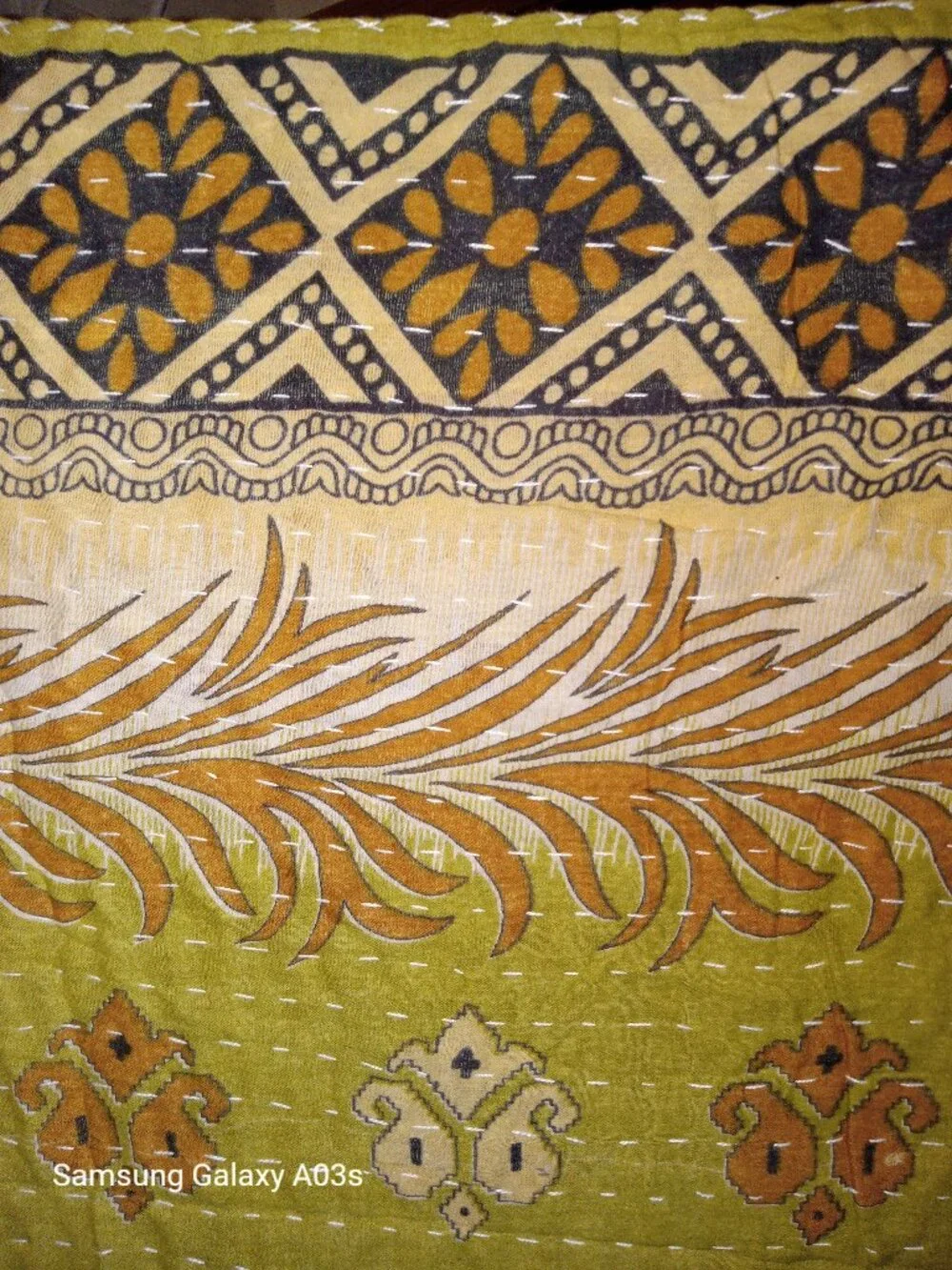 Kantha Quilt Light Green Tan Ferns 54